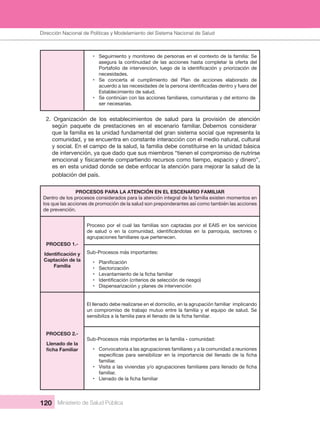 Dirección Nacional de Articulación y Manejo del Sistema Nacional de Salud y de la Red Pública
120 Ministerio de Salud Pública
• Seguimiento y monitoreo de personas en el contexto de la familia: Se 
asegura  la  continuidad  de  las  acciones  hasta  completar  la  oferta  del 
necesidades. 
• Se  concerta  el  cumplimiento  del  Plan  de  acciones  elaborado  de 
Establecimiento de salud.
• Se continúan con las acciones familiares, comunitarias y del entorno de 
ser necesarias.
2.  Organización  de  los  establecimientos  de  salud  para  la  provisión  de  atención 
según  paquete  de  prestaciones  en  el  escenario  familiar. Debemos  considerar 
que la familia es la unidad fundamental del gran sistema social que representa la 
comunidad, y se encuentra en constante interacción con el medio natural, cultural 
y social. En el campo de la salud, la familia debe constituirse en la unidad básica 
de intervención, ya que dado que sus miembros “tienen el compromiso de nutrirse 
emocional y físicamente compartiendo recursos como tiempo, espacio y dinero”, 
es en esta unidad donde se debe enfocar la atención para mejorar la salud de la 
población del país.
PROCESOS PARA LA ATENCIÓN EN EL ESCENARIO FAMILIAR
Dentro de los procesos considerados para la atención integral de la familia existen momentos en 
los que las acciones de promoción de la salud son preponderantes así como también las acciones 
de prevención. 
PROCESO 1.- 
Captación de la 
Familia
Proceso por el cual las familias son captadas por el EAIS en los servicios 
agrupaciones familiares que pertenecen.
Sub-Procesos más importantes:
•
• Sectorización
•
•
• Dispensarización y planes de intervención
PROCESO 2.- 
Llenado de la 
El llenado debe realizarse en el domicilio, en la agrupación familiar  implicando 
un compromiso de trabajo mutuo entre la familia y el equipo de salud. Se 
Sub-Procesos más importantes en la familia - comunidad:
• Convocatoria a las agrupaciones familiares y a la comunidad a reuniones 
familiar.
•
familiar.
•
Dirección Nacional de Políticas y Modelamiento del Sistema Nacional de Salud
 