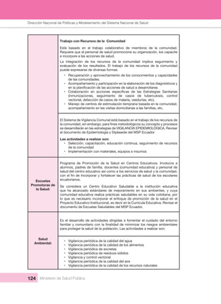 Dirección Nacional de Articulación y Manejo del Sistema Nacional de Salud y de la Red Pública
124 Ministerio de Salud Pública
Trabajo con Recursos de la  Comunidad
Está  basado  en  el  trabajo  colaborativo  de  miembros  de  la  comunidad. 
Requiere que el personal de salud promocione su organización, los capacite 
e incorpore a las acciones de salud.
La  integración  de  los  recursos  de  la  comunidad  implica  seguimiento  y 
evaluación  de  los  resultados.  El  trabajo  de  los  recursos  de  la  comunidad 
puede expresarse de diversas formas:
• Recuperación y aprovechamiento de los conocimientos y capacidades 
de las comunidades.
• Acompañamiento y participación en la elaboración de los diagnósticos y 
•
(inmunizaciones,  seguimiento  de  casos  de  tuberculosis,  control 
vectorial, detección de casos de malaria, veedurías, etc).
• Manejo de centros de estimulación temprana basada en la comunidad, 
acompañamiento en las visitas domiciliarias a las familias, etc.
El Sistema de Vigilancia Comunal está basado en el trabajo de los recursos de 
se desarrollarán en las estrategias de VIGILANCIA EPIDEMIOLÓGICA. Revisar 
el documento de Epidemiología y Diplasede del MSP Ecuador
Las actividades a realizar son:
• Selección, capacitación, educación continua, seguimiento de recursos 
de la comunidad
• Implementación con materiales, equipos e insumos
Escuelas 
Promotoras de 
la Salud:
Programa  de  Promoción  de  la  Salud  en  Centros  Educativos.  Involucra  a 
alumnos, padres de familia, docentes (comunidad educativa) y personal de 
salud del centro educativo así como a los servicios de salud y la comunidad, 
ecuatorianos.
Se  considera  un  Centro  Educativo  Saludable  a  la  institución  educativa 
que  ha  alcanzado  estándares  de  mejoramiento  en  sus  ambientes,  y  cuya 
comunidad educativa realiza prácticas saludables en su vida cotidiana; por
lo que es necesario incorporar el enfoque de promoción de la salud en el 
Proyecto Educativo Institucional, es decir en la Currícula Educativa. Revisar el 
documento de Escuelas Saludables del MSP Ecuador.
Salud 
Ambiental:
Es el desarrollo de actividades dirigidas a fomentar el cuidado del entorno 
para proteger la salud de la población. Las actividades a realizar son:
• Vigilancia periódica de la calidad del agua
• Vigilancia periódica de la calidad de los alimentos
• Vigilancia periódica de excretas
• Vigilancia periódica de residuos sólidos
• Vigilancia y control vectorial
• Vigilancia periódica de la calidad del aire
• Vigilancia periódica de la calidad de los recursos naturales
Dirección Nacional de Políticas y Modelamiento del Sistema Nacional de Salud
 