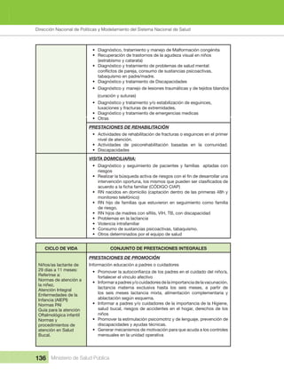 Dirección Nacional de Articulación y Manejo del Sistema Nacional de Salud y de la Red Pública
136 Ministerio de Salud Pública
• Diagnóstico, tratamiento y manejo de Malformación congénita
• Recuperación de trastornos de la agudeza visual en niños 
(estrabismo y catarata)
• Diagnóstico y tratamiento de problemas de salud mental: 
tabaquismo en padre/madre.
•
•
Diagnóstico y tratamiento de Discapacidades 
manejo de lesiones traumáticas y de tejidos blandos
 (curación y suturas)
• Diagnóstico y tratamiento y/o estabilización de esguinces, 
luxaciones y fracturas de extremidades.
• Diagnóstico y tratamiento de emergencias medicas
• Otras
PRESTACIONES DE REHABILITACIÓN
• Actividades de rehabilitación de fracturas o esguinces en el primer 
nivel de atención.
•
•
Actividades  de  psicorehabilitación  basadas  en  la  comunidad. 
Discapacidades
VISITA DOMICILIARIA:
• Diagnóstico y seguimiento de pacientes y familias  aptadas con 
riesgos
•
• RN nacidos en domicilio (captación dentro de las primeras 48h y 
monitoreo telefónico)
• RN  hijo  de  familias  que  estuvieron  en  seguimiento  como  familia 
de riesgo.
•
• Problemas en la lactancia
• Violencia intrafamiliar
• Consumo de sustancias psicoactivas, tabaquismo.
• Otros determinados por el equipo de salud
CICLO DE VIDA CONJUNTO DE PRESTACIONES INTEGRALES
Niños/as lactante de 
29 días a 11 meses:
Referirse a:
Normas de atención a 
la niñez.
Atención Integral 
Enfermedades de la 
Infancia (AIEPI)
Normas PAI
Guía para la atención 
Oftalmológica infantil
Normas y 
procedimientos de 
atención en Salud 
Bucal.
PRESTACIONES DE PROMOCIÓN
Información educación a padres o cuidadores
•
fortalecer el vínculo afectivo
• Informar a padres y/o cuidadores de la importancia de la vacunación, 
lactancia  materna  exclusiva  hasta  los  seis  meses,  a  partir  de 
los  seis  meses  lactancia  mixta,  alimentación  complementaria  y 
ablactación según esquema.
• Informar a padres y/o cuidadores de la importancia de la Higiene, 
salud bucal, riesgos de accidentes en el hogar, derechos de los 
niños
• Promover la estimulación psicomotriz y de lenguaje, prevención de 
discapacidades y ayudas técnicas.
• Generar mecanismos de motivación para que acuda a los controles 
mensuales en la unidad operativa
Diagnóstico y 
Dirección Nacional de Políticas y Modelamiento del Sistema Nacional de Salud
 