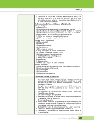 ANEXOS
Ministerio de Salud Pública 137
• Comunicar  a  los  padres  y/o  cuidadores  acerca  de  variaciones 
benignas  y  comunes  en  el  desarrollo  del  niño/a  así  como  en  el 
la salud satisfactoria del niño/a
Riesgo biológico:
a)  Desnutrición
b)  Antecedentes de enfermedad prevalentes de la infancia
c)  Antecedentes de enfermedad crónica en la madre o en el lactante
d)  Enfermedades diarreicas y respiratorias frecuentes en el lactante
f)   Niños con esquemas incompletos de vacunas
g)  Niños que no acuden a control de salud
Riesgo Socio - económico:
a)  Muerte evitable
b)  Pobreza
c)  Madre adolescente
d)  Madre soltera
e)  Embarazo no deseado
f)   Baja escolaridad de padres o cuidadores
g)  Violencia intrafamiliar, maltrato infantil
h)  Consumo de alcohol y otras drogas
i)   Hábito de fumar o fumador pasivo
j)   Riesgo de accidentes
k)  Desempleo
l)   Hacinamiento
m) Otros que el equipo de salud considere
Riesgo ambiental
a)  Condiciones ambientales insalubres, marginales y poco seguras
b)  Animales dentro de la vivienda
c)  Agua insegura
d)  Contaminación
e)  Mal manejo de desechos
PRESTACIONES DE PREVENCIÓN
• Control de salud: Evaluar el desarrollo físico (valoración nutricional), 
y neuromuscular y psicomotriz del lactante en relación con su edad, 
salud bucal, agudeza visual, auditiva, neurosensorial y tamizaje de 
patologías prevalente
• Cumplir  con  el  esquema  de  vacunación:  OPV,  pentavalente 
campaña)
• Administración  de  micronutrientes,  sulfato  ferroso  y  vitamina  A 
hasta 36 meses de edad
•
•
o problemas médicos adquiridos
• Prevención de la caries
• Salud mental. Detección de problemas en el desarrollo (lenguaje, 
motricidad, social). Además de violencia, consumo de sustancias 
psicoactivas, tabaquismo en padre/madre
• Detección temprana de problemas sensoriales (visión, audición)
• Detección, prevención y consejería de ITS y VIH/SIDA 
• Desnutrición.-  suplemento  de  micronutrientes,  según  metas  en 
grupos de edad
 