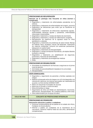 Dirección Nacional de Articulación y Manejo del Sistema Nacional de Salud y de la Red Pública
138 Ministerio de Salud Pública
PRESTACIONES DE RECUPERACIÓN
Atención  de  la  patología  más  frecuente  en  niños  (normal  o 
complicado):
• Diagnóstico  y  tratamiento  de  enfermedades  prevalentes  de  la 
infancia
• Diagnóstico y tratamiento de enfermedades de la región, provincia
•
discapacidad
• Diagnóstico  y  tratamiento  de  Infecciones  respiratorias  agudas, 
enfermedades  diarreicas  agudas  y  parasitosis,  enfermedades 
infecciosas y transmisibles
• Diagnóstico, tratamiento y manejo de retardo de crecimiento
• Diagnóstico, tratamiento y manejo de malformación congénita
• Recuperación  de  trastornos  de  la  agudeza  visual  en  niños 
(estrabismo y catarata)
• Diagnóstico y tratamiento de problemas de salud mental. Manejo 
de maltrato: físico, sicológico, sexual. Del desarrollo. Tratamiento 
de  violencia  intrafamiliar,  consumo  de  sustancias  psicoactivas, 
tabaquismo en padre/madre
• Diagnóstico y tratamiento de discapacidades
• Diagnóstico y manejo de lesiones traumáticas y de tejidos blandos 
(curación y suturas)
• Diagnóstico  y  tratamiento  y/o  estabilización  de  esguinces, 
luxaciones y fracturas de extremidades
• Diagnóstico y tratamiento de emergencias medicas
• Otras
PRESTACIONES DE REHABILITACIÓN
• Actividades de rehabilitación de fracturas o esguinces en el primer 
nivel de atención
• Actividades de psicorehabilitación basadas en la comunidad.
• Discapacidades
VISITA DOMICILIARIA:
• Diagnóstico y seguimiento de pacientes y familias captadas con 
riesgos
•
• Niños con esquemas incompleto de vacunas
• Niños que no acuden a control de salud
• Niños de familias en riesgo
• Seguimiento de niños con EDAS con deshidratación, neumonías, 
desnutrición, discapacidades, TB, cuidados paliativos, entre otras
• Otros determinados por el equipo de salud
CICLO DE VIDA CONJUNTO DE PRESTACIONES INTEGRALES
PRESTACIONES DE PROMOCIÓN
Información educación a padres o cuidadores
•
Fortalecer el vínculo afectivo
• Informar  a  padres  y/o  cuidadores  de  la  importancia  de  la 
vacunación,  lactancia  materna  hasta  los  dos  años,  alimentación 
complementaria
Dirección Nacional de Políticas y Modelamiento del Sistema Nacional de Salud
 
