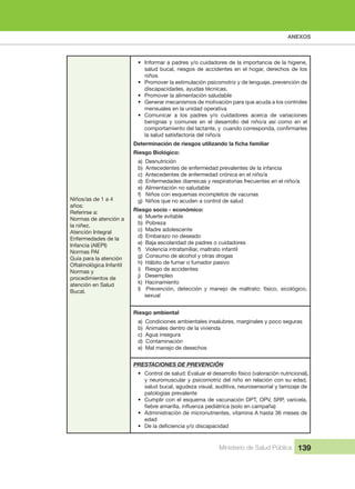 ANEXOS
Ministerio de Salud Pública 139
Niños/as de 1 a 4 
años:
Referirse a:
Normas de atención a 
la niñez.
Atención Integral 
Enfermedades de la 
Infancia (AIEPI)
Normas PAI
Guía para la atención 
Oftalmológica Infantil
Normas y 
procedimientos de 
atención en Salud 
Bucal.
• Informar a padres y/o cuidadores de la importancia de la higiene, 
salud bucal, riesgos de accidentes en el hogar, derechos de los 
niños
• Promover la estimulación psicomotriz y de lenguaje, prevención de 
discapacidades, ayudas técnicas.
• Promover la alimentación saludable
• Generar mecanismos de motivación para que acuda a los controles 
mensuales en la unidad operativa
• Comunicar  a  los  padres  y/o  cuidadores  acerca  de  variaciones 
benignas  y  comunes  en  el  desarrollo  del  niño/a  así  como  en  el 
la salud satisfactoria del niño/a
Riesgo Biológico:
a)  Desnutrición
b)  Antecedentes de enfermedad prevalentes de la infancia
c)  Antecedentes de enfermedad crónica en el niño/a
d)  Enfermedades diarreicas y respiratorias frecuentes en el niño/a
e)  Alimentación no saludable
f)   Niños con esquemas incompletos de vacunas
g)  Niños que no acuden a control de salud
Riesgo socio - económico:
a)  Muerte evitable
b)  Pobreza
c)  Madre adolescente
d)  Embarazo no deseado
e)  Baja escolaridad de padres o cuidadores
f)   Violencia intrafamiliar, maltrato infantil
g)  Consumo de alcohol y otras drogas
h)  Hábito de fumar o fumador pasivo
i)   Riesgo de accidentes
j)   Desempleo
k)  Hacinamiento
l)    Prevención,  detección  y  manejo  de  maltrato:  físico,  sicológico, 
sexual
Riesgo ambiental
a)  Condiciones ambientales insalubres, marginales y poco seguras
b)  Animales dentro de la vivienda
c)  Agua insegura
d)  Contaminación
e)  Mal manejo de desechos
PRESTACIONES DE PREVENCIÓN
• Control de salud: Evaluar el desarrollo físico (valoración nutricional), 
y neuromuscular y psicomotriz del niño en relación con su edad, 
salud bucal, agudeza visual, auditiva, neurosensorial y tamizaje de 
patologías prevalente
• Cumplir con el esquema de vacunación DPT, OPV, SRP, varicela, 
• Administración de micronutrientes, vitamina A hasta 36 meses de 
edad
•
 