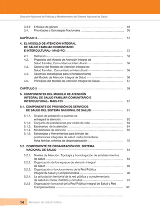 Dirección Nacional de Articulación y Manejo del Sistema Nacional de Salud y de la Red Pública
14 Ministerio de Salud Pública
3.3.9  Enfoque de género           49
3.4.  Prioridades y Estrategias Nacionales      50
CAPÍTULO 4              51
4.  EL MODELO DE ATENCIÓN INTEGRAL
  DE SALUD FAMILIAR COMUNITARIO
  E INTERCULTURAL– MAIS-FCI        53
4.1. 53
4.2.  Propósito del Modelo de Atención Integral de
  Salud Familiar, Comunitario e Intercultural    56
4.3.  Objetivo del Modelo de Atención Integral de
  Salud Familiar,  Comunitario e Intercultural    56
4.4.  Objetivos estratégicos para el fortalecimiento
  del Modelo de Atención Integral de Salud    56
4.5.  Principios del Modelo de Atención Integral de Salud-  57
CAPÍTULO 5              59
5.  COMPONENTES DEL MODELO DE ATENCIÓN
  INTEGRAL DE SALUD FAMILIAR COMUNITARIO E
  INTERCULTURAL– MAIS-FCI              61
5.1.  COMPONENTE DE PROVISIÓN DE SERVICIOS 
  DE SALUD DEL SISTEMA NACIONAL DE SALUD    61
5.1.1.  Grupos de población a quienes se
  entregará la atención:          62
5.1.2.  Conjunto de prestaciones por ciclos de vida:    63
5.1.3.  Escenarios  de la atención:        64
5.1.4.          65
5.1.5.  Estrategias y Herramientas para brindar las
  prestaciones integrales de salud: visita domiciliaria,
70
5.2.  COMPONENTE DE ORGANIZACIÓN DEL SISTEMA       
NACIONAL DE SALUD          84
5.2.1.  Niveles de Atención: Tipología y homologación de establecimientos
  de salud                 84
5.2.2.  Organización de los equipos de atención integral
  de salud           89
5.2.3.  Organización y funcionamiento de la Red Pública
  Integral de Salud y Complementaria      90
5.2.4.  La articulación territorial de la red pública y complementaria 
  de salud en zonas, distritos y circuitos        91
5.2.5   Organización funcional de la Red Pública Integral de Salud y Red 
Complementaria                  93
Dirección Nacional de Políticas y Modelamiento del Sistema Nacional de Salud
 
