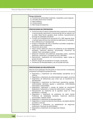 Dirección Nacional de Articulación y Manejo del Sistema Nacional de Salud y de la Red Pública
142 Ministerio de Salud Pública
Riesgo Ambiental
a)  Condiciones ambientales insalubres, marginales y poco seguras
b)  Animales dentro de la vivienda
c)  Agua insegura
d)  Contaminación
e)  Mal manejo de desechos
PRESTACIONES DE PREVENCIÓN
• Control de salud: Evaluar el desarrollo físico (valoración nutricional), 
y neuromuscular, psicomotriz y emocional del niño en relación con 
su  edad.  Salud  bucal,  agudeza  visual,  auditiva,  neurosensorial  y 
tamizaje de patologías prevalente
• Cumplir con el esquema de vacunación DT y SRP segunda dosis 
y varicela hasta terminar las cohortes de edad (solo en campaña)
•
•
problemas médicos adquiridos
• Prevención de la caries
• Salud mental. Detección precoz de problemas en las habilidades 
escolares; trastornos afectivos, emocionales. Prevención de
maltrato: físico, psicológico y sexual
• Detección  temprana  de  problemas  sensoriales  (visión,  audición)
Detección, prevención y consejería de ITS y VIH/SIDA
• Desnutrición.-  suplemento  de  micronutrientes,  según  metas  en 
grupos de edad
• Prevenir riesgos de accidentes en el hogar y la escuela.
• Prevención de discapacidades y uso de ayudas técnicas
PRESTACIONES DE RECUPERACIÓN
Atención de la patología más frecuente en niños (normal o complicado) 
incluyendo la entrega de ayudas técnicas:
• Diagnóstico  y  tratamiento  de  enfermedades  prevalentes  de  la 
infancia
• Diagnóstico y tratamiento de enfermedades de la región, provincia
•
discapacidad
• Diagnóstico  y  tratamiento  de  Infecciones  respiratorias  agudas, 
enfermedades  diarreicas  agudas  y  parasitosis,  enfermedades 
infecciosas y transmisibles
• Diagnóstico,  tratamiento  y  manejo  de  retardo  de  crecimiento 
Diagnóstico, tratamiento y manejo de malformación congénita
• Recuperación  de  trastornos  de  la  agudeza  visual  en  niños 
(estrabismo y catarata)
• Diagnóstico  y  tratamiento  de  problemas  de  salud  mental. 
Problemas  de  habilidades  escolares,  trastornos  afectivos, 
emocionales; maltrato infantil
• Diagnóstico y tratamiento de discapacidades
• Diagnóstico y manejo de lesiones traumáticas y de tejidos blandos 
(curación y suturas)
• Diagnóstico  y  tratamiento  y/o  estabilización  de  esguinces, 
luxaciones y fracturas de extremidades.
• Diagnóstico y tratamiento de emergencias médicas
• Otras
Dirección Nacional de Políticas y Modelamiento del Sistema Nacional de Salud
 