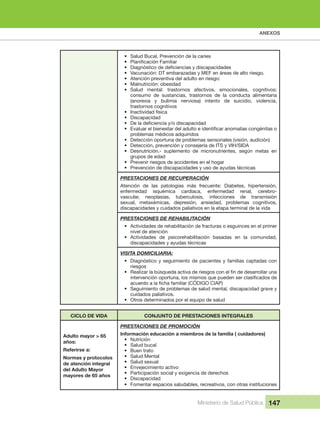 ANEXOS
Ministerio de Salud Pública 147
• Salud Bucal, Prevención de la caries
•
•
• Vacunación: DT embarazadas y MEF en áreas de alto riesgo. 
• Atención preventiva del adulto en riesgo:
• Malnutrición: obesidad
• Salud mental: trastornos afectivos, emocionales, cognitivos;
consumo  de  sustancias,  trastornos  de  la  conducta  alimentaria 
(anorexia  y  bulimia  nerviosa)  intento  de  suicidio,  violencia, 
trastornos cognitivos
• Inactividad física
• Discapacidad
•
•
problemas médicos adquiridos
• Detección oportuna de problemas sensoriales (visión, audición)
• Detección, prevención y consejería de ITS y VIH/SIDA
• Desnutrición.-  suplemento  de  micronutrientes,  según  metas  en 
grupos de edad
• Prevenir riesgos de accidentes en el hogar
• Prevención de discapacidades y uso de ayudas técnicas
PRESTACIONES DE RECUPERACIÓN
Atención  de  las  patologías  más  frecuente:  Diabetes,  hipertensión, 
enfermedad  isquémica  cardíaca,  enfermedad  renal,  cerebro-
vascular,  neoplasias,  tuberculosis,  infecciones  de  transmisión 
sexual,  metaxémicas,  depresión,  ansiedad,  problemas  cognitivos, 
discapacidades y cuidados paliativos en la etapa terminal de la vida
PRESTACIONES DE REHABILITACIÓN
• Actividades de rehabilitación de fracturas o esguinces en el primer 
nivel de atención
• Actividades  de  psicorehabilitación  basadas  en  la  comunidad, 
discapacidades y ayudas técnicas
VISITA DOMICILIARIA:
• Diagnóstico y seguimiento de pacientes y familias captadas con 
riesgos
•
• Seguimiento de problemas de salud mental, discapacidad grave y 
cuidados paliativos.
• Otros determinados por el equipo de salud
CICLO DE VIDA CONJUNTO DE PRESTACIONES INTEGRALES
Adulto mayor > 65 
años:
Referirse a:
Normas y protocolos 
de atención integral 
del Adulto Mayor 
mayores de 65 años
PRESTACIONES DE PROMOCIÓN
Información educación a miembros de la familia ( cuidadores)
• Nutrición
• Salud bucal
• Buen trato
• Salud Mental
• Salud sexual
• Envejecimiento activo
• Participación social y exigencia de derechos
• Discapacidad
• Fomentar espacios saludables, recreativos, con otras instituciones
 