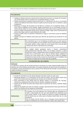 Dirección Nacional de Articulación y Manejo del Sistema Nacional de Salud y de la Red Pública
158 Ministerio de Salud Pública
Procedimiento:
• Cepille los dientes anteriores colocando las cerdas sobre la encía en un ángulo de 45 grados. 
•
rotatorio de adelante hacia atrás. Mueva el cepillo al próximo grupo de 2 ó 3 dientes y repita 
la operación
•
encía. Para el cepillado de los molares, cepille suavemente con un movimiento circular al 
• Incline el cepillo verticalmente detrás de los dientes frontales. Haga varios movimientos de 
arriba hacia abajo usando la parte delantera del cepillo
•
hacia atrás
• Cepille la lengua de adelante hacia atrás para eliminar las bacterias que producen el mal 
aliento
Indicaciones
Es importante que no se humedezca el cepillo para no crear espuma, 
lo que nos impediría ver con claridad. Como norma general, la cantidad 
de pasta dental a utilizar debe ser la del tamaño de la uña del dedo 
meñique del niño/a o del tamaño de una lenteja
Recomendaciones
Los  cepillos  deben  guardarse  secos  y  limpios,  recambiarse 
aproximadamente cada tres meses y no se deben compartir. La placa 
horas  tras  su  eliminación,  por  lo  que  los  dientes  deben  cepillarse  al 
menos una o dos veces al día. Lo ideal es que se realice el cepillado 
después de cada comida, aunque se recomienda que el cepillado más 
minucioso se realice por la noche antes de acostarse
UTILIZACIÓN DEL HILO DENTAL
La utilización correcta del hilo dental previene la formación de caries interproximales (entre los 
dientes) y las enfermedades periodontales, principales problemas de salud bucal de la población, 
los dientes y encías permanecerán sanos, porque el hilo dental permite acceder a zonas donde el 
cepillo de dientes no alcanza
Procedimiento:
• Enrolle 20 centímetros de hilo dental alrededor del dedo medio de cada mano
• Mantenga estirado 2 a 3 centímetros de hilo entre los dedos. Use los dedos índices para 
• Guíe  suavemente  el  hilo  dental  entre  los  dientes  usando  un  movimiento  de  “zig-zag”. 
Introduzca cuidadosamente el hilo entre los dientes y alrededor del diente
•
de la encía 
• Después de pasarlo por todos los dientes, enjuagar vigorosamente la boca para eliminar la 
placa y los residuos de los espacios interdentales
Indicaciones
La limpieza con el hilo dental en los niños/as debe ser realizada por la 
madre o responsable del niño que esté debidamente adiestrado para 
que  pueda  insertar  el  hilo  dental  sin  lesionar  la  papila  interdentaria. 
El hilo dental que se utilice para la limpieza dental debe ser sin cera 
deslizante
Con el empleo del hilo dental y de un enjuague bucal (colutorios) se 
Dirección Nacional de Políticas y Modelamiento del Sistema Nacional de Salud
 