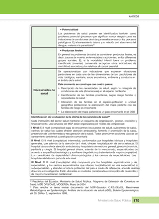 ANEXOS
Ministerio de Salud Pública 179
• Potencialidad
indicadores de condiciones de vida que se relacionan con los procesos 
patológicos. Ej. el saneamiento básico y su relación con el aumento del 
dengue, malaria o la parasitosis53
•
decir, causas de muerte, enfermedades y accidentes, en los diferentes 
grupos  sociales.  Ej.  si  la  mortalidad  infantil  fuera  un  problema 
morbilidad asociados y los relativos al control prenatal
Necesidades de 
salud
Se  operacionalizan  con  indicadores  que  expresan  situaciones 
particulares  en  cada  una  de  las  dimensiones  de  las  condiciones  de 
vida: biológica, sanitaria, socio económica, ambiente y conducta en 
el ámbito de la salud
Este momento se construye con cuatro pasos:
• Descripción  de  las  necesidades  de  salud,  según  la  categoría  de 
condiciones de vida (dimensiones) en el espacio población
•
necesidades de salud
• Ubicación  de  las  familias  en  el  espacio-población  o  unidad 
familias de riesgo es importante
• La elaboración del mapa parlante es un paso importante en el DSIS
54
Cada institución del sector salud mantiene un esquema de organización, gestión, provisión y 
ad:
I Nivel: El I nivel (complejidad baja) se encuentran los puestos de salud, subcentros de salud, 
centros de salud los cuales ofrecen atención ambulatoria, fomento y promoción de la salud, 
prevención de la enfermedad y recuperación de la salud. Todos promueven acciones básicas de 
saneamiento ambiental y participación comunitaria
II  Nivel:  El  II  nivel  (complejidad  intermedia),  conformados  por  hospitales  básicos  y  hospitales 
generales, que además de la atención de I nivel, ofrecen hospitalización de corta estancia. El 
hospital básico ofrece atención ambulatoria y hospitalaria de medicina general, gineco-obstetricia, 
pediatría  y  cirugía.  El  hospital  general  ofrece,  además  de  lo  mencionado,  especialidades  de 
Los  consultorios  de  especialidad  clìnico-quirúrgidos  y  los  centros  de  especialidades.  Los 
hospitales del día son parte de este nivel
III  Nivel:  El  III  nivel  (complejidad  alta)  compuesto  por  los  hospitales  especializados  y  de 
especialidad,  y  los  centros  especializados  que  ofrecen  hospitalización  en  una  especialidad  o 
subespecialidad, y atienden a toda la población del país a través de referencia, además realizan 
docencia e investigación. Están ubicadas en ciudades consideradas como polos de desarrollo y 
de mayor concentración poblacional
53
  República  del  Ecuador.  Ministerio  de  Salud  Pública.  Programa  de  Extensión  de  Cobertura  en 
Salud. MSP, OPS/OMS, MODERSA, Mayo de 2004
54
  Para  ampliar  el  tema  revisar  documento  del  MSP-Ecuador:  O.P.S./O.M.S.,  Resúmenes 
Metodológicos en Epidemiología: Análisis de la situación de salud (ASIS), Boletín Epidemiológico, 
Vol 20. 20 No. 3, septiembre 1999.
 