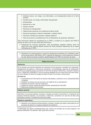 ANEXOS
Ministerio de Salud Pública 183
•
familiar).
• Familias sanas, con riesgo, enfermedad, discapacidad
• Embarazadas
• Menores de un año
• Adultos mayores
• Personas con discapacidad
• Fallecimientos personas con problemas de salud mental
• Personas expuestas a violencia intrafamiliar y maltrato infantil
• Personas y familias que requieren cuidados paliativos
• Otros de acuerdo a la realidad local. Por ej. Mordeduras de serpientes, episotias.58
Esta  información  deberá  ser  actualizada  por  el  TAPS  y  constará  en  el  cuaderno  del  TAPS  El 
equipo de salud una vez que recibe esta información:
• Programará  las  acciones  pertinentes:  visita  domiciliarias,  brigadas  médicas,  ferias  de 
• Atenderá en la unidad operativa y tomará los diagnósticos atendidos por morbilidad a partir 
de los partes diarios, SIVE Alerta y EPI 2, registros de referencia y contra referencia, historias 
de vida, diarios de campo (cuaderno epidemiológico) del TAPS y/o promotor de salud.
Mapeo de actores
delegaciones de gobierno, instituciones educativas, municipalidades, agencias de cooperación 
técnica; los niveles de poder y la posición en términos de apoyo indiferencia u oposición respecto
de un “OBJETIVO CONCRETO” que se construye alrededor de una nueva forma de hacer salud, 
el nuevo Modelo de Atención Integral de Salud Familiar Comunitario e Intercultural
Se basa en:
1. Levantamiento de información de actores individuales y colectivos con su representatividad 
2. 
3. 
4. Análisis de actores: relaciones predominantes, jerarquización del poder
5. Relaciones sociales de los actores
Objetivo general:
espacio territorial asignado, sus proyectos y relaciones, acordando con quié nes de ellos sería 
favorable concertar y coordinar las acciones locales
•
procesos de salud en un espacio población de cobertura
58
 Enfermedad que afecta simultáneamente gran número de animales de la misma especie o de 
especies diferentes. Por ejemplo: rabia, gripe aviar, porcina.
 