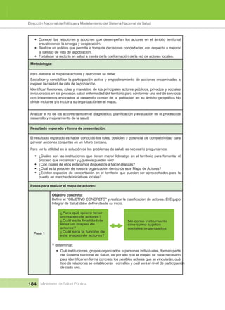 Dirección Nacional de Articulación y Manejo del Sistema Nacional de Salud y de la Red Pública
184 Ministerio de Salud Pública
• Conocer  las  relaciones  y  acciones  que  desempeñan  los  actores  en  el  ámbito  territorial 
prevaleciendo la sinergia y cooperación.
• Realizar un análisis que permita la toma de decisiones concertadas, con respecto a mejorar 
la calidad de vida de la población.
• Fortalecer la rectoría en salud a través de la conformación de la red de actores locales.
Metodología:
Para elaborar el mapa de actores y relaciones se debe:
Socializar y sensibilizar la participación activa y empoderamiento de acciones encaminadas a 
mejorar la calidad de vida de la población.
involucrados en los procesos salud enfermedad del territorio para conformar una red de servicios 
olvide incluirse y/o incluir a su organización en el mapa..
desarrollo y mejoramiento de la salud
Resultado esperado y forma de presentación:
El resultado esperado es haber conocido los roles, posición y potencial de competitividad para 
generar acciones conjuntas en un futuro cercano
Para ver la utilidad en la solución de los problemas de salud, es necesario preguntarnos:
• ¿Cuáles son las instituciones que tienen mayor liderazgo en el territorio para fomentar el 
proceso que iniciamos? y ¿quiénes pueden ser?
• ¿Con cuáles de ellos estaríamos dispuestos a hacer alianzas?
• ¿Cuál es la posición de nuestra organización dentro de este Mapa de Actores?
• ¿Existen espacios de concertación en el territorio que puedan ser aprovechados para la 
puesta en marcha de iniciativas locales?
Pasos para realizar el mapa de actores:
Paso 1
Objetivo concreto:
¿Para qué quiero tener
un mapeo de actores?
¿Cuál es la finalidad de
tener un mapeo de
actores?
¿Cuál será la función de
este mapeo de actores?
No como instrumento
sino como sujetos
sociales organizados
Y determinar:
• Qué instituciones, grupos organizados o personas individuales, forman parte 
del Sistema Nacional de Salud, es por ello que el mapeo se hace necesario 
é
tipo de relaciones se establecerán  con ellos y cuál será el nivel de participación 
de cada uno.
Dirección Nacional de Políticas y Modelamiento del Sistema Nacional de Salud
 