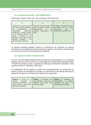 Dirección Nacional de Articulación y Manejo del Sistema Nacional de Salud y de la Red Pública
34 Ministerio de Salud Pública
2.4. La Agenda Social 2013 – 2017 (MCDS, 2013)
1 2 3
2.5. Objetivos de Desarrollo Sostenible
Define para el sector salud tres ejes prioritarios de intervención:
Garantizar el acceso universal
a la salud a toda la población,
con características de
integralidad, suficiencia,
excelencia y calidad, basado
en la Atención Primaria de
Salud y centrada en las
personas en los planos de la
atención individual y las
intervenciones colectivas
Promover la construcción del
poder ciudadano desde el
fortalecimiento de los
procesos participativos en
salud.
Fortalecer el Sistema Nacional
de Salud como un medio
institucional para la
construcción del Buen Vivir.
La Agenda sectorial establece también la importancia de incorporar de manera
transversal en las políticas de salud el enfoque de género, intercultural y generacional,
así como la promoción de la participación ciudadana.
En 2015, los 193 Estados Miembros de las Naciones Unidas llegaron a un consenso
respecto del documento final de una nueva agenda de desarrollo sostenible titulado
“Transformar nuestro mundo: la Agenda de 2030 para el Desarrollo Sostenible”. Esta
agenda contiene 17 objetivos y 169 metas.
El cumplimiento de los objetivos y metas son interdependientes, su consecución se
orienta a reducir la inequidad en el acceso a condiciones de vida dignas para toda la
población mundial y en el ámbito de la salud son los siguientes:
Objetivo 2. Poner fin al
hambre, conseguir la
seguridad alimentaria y una
mejor nutrición, y promover la
agricultura sostenible.
Objetivo 3. Garantizar una
vida saludable y promover el
bienestar para todos para
todas las edades.
Objetivo 6. Garantizar la
disponibilidad y la gestión
sostenible del agua y el
saneamiento para todos.
Dirección Nacional de Políticas y Modelamiento del Sistema Nacional de Salud
 