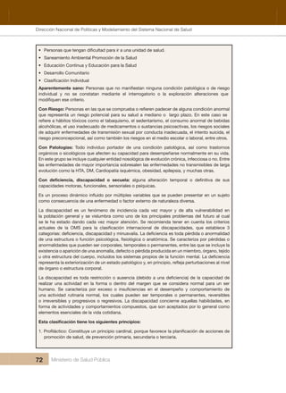 Dirección Nacional de Articulación y Manejo del Sistema Nacional de Salud y de la Red Pública
72 Ministerio de Salud Pública
•
• Saneamiento Ambiental Promoción de la Salud
• Educación Continua y Educación para la Salud
• Desarrollo Comunitario
•
Aparentemente sano:
individual  y  no  se  constatan  mediante  el  interrogatorio  o  la  exploración  alteraciones  que 
Con Riesgo:
que representa un riesgo potencial para su salud a mediano o  largo plazo. En este caso se 
alcohólicas, el uso inadecuado de medicamentos o sustancias psicoactivas, los riesgos sociales 
de adquirir enfermedades de transmisión sexual por conducta inadecuada, el intento suicida, el 
riesgo preconcepcional, así como también los riesgos en el medio escolar o laboral, entre otros.
Con  Patologías:  Todo  individuo  portador  de  una  condición  patológica,  así  como  trastornos 
orgánicos o sicológicos que afecten su capacidad para desempeñarse normalmente en su vida. 
En este grupo se incluye cualquier entidad nosológica de evolución crónica, infecciosa o no. Entre 
las enfermedades de mayor importancia sobresalen las enfermedades no transmisibles de larga 
evolución como la HTA, DM, Cardiopatía isquémica, obesidad, epilepsia, y muchas otras.
capacidades motoras, funcionales, sensoriales o psíquicas.
como consecuencia de una enfermedad o factor externo de naturaleza diversa.
La  discapacidad  es  un  fenómeno  de  incidencia  cada  vez  mayor  y  de  alta  vulnerabilidad  en 
la población general y se vislumbra como uno de los principales problemas del futuro al cual 
se le ha estado dando cada vez mayor atención. Se recomienda tener en cuenta los criterios 
anormalidades que pueden ser corporales, temporales o permanentes, entre las que se incluye la 
existencia o aparición de una anomalía, defecto o pérdida producida en un miembro, órgano, tejido 
de órgano o estructura corporal.
realizar  una  actividad  en  la  forma  o  dentro  del  margen  que  se  considera  normal  para  un  ser 
una  actividad  rutinaria  normal,  los  cuales  pueden  ser  temporales  o  permanentes,  reversibles 
o irreversibles y progresivos o regresivos. La discapacidad concierne aquellas habilidades, en 
forma de actividades y comportamientos compuestos, que son aceptados por lo general como 
elementos esenciales de la vida cotidiana.
promoción de salud, de prevención primaria, secundaria o terciaria.
Dirección Nacional de Políticas y Modelamiento del Sistema Nacional de Salud
 