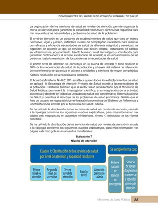Pr
COMPONENTES DEL MODELO DE ATENCIÓN INTEGRAL DE SALUD
Ministerio de Salud Pública 85
La organización de los servicios de salud en niveles de atención, permite organizar la
oferta de servicios para garantizar la capacidad resolutiva y continuidad requerida para
dar respuesta a las necesidades y problemas de salud de la población.
El nivel de atención es un conjunto de establecimientos de salud que bajo un marco
normativo, legal y jurídico, establece niveles de complejidad necesarios para resolver
con eficacia y eficiencia necesidades de salud de diferente magnitud y severidad, se
organizan de acuerdo al tipo de servicios que deben prestar, estándares de calidad
en infraestructura, equipamiento, talento humano, nivel tecnológico y articulación para
garantizar continuidad y el acceso escalonado de acuerdo a los requerimientos de las
personas hasta la resolución de los problemas o necesidades de salud.
El primer nivel de atención se constituye en la puerta de entrada y debe resolver el
80% de las necesidades de salud de la población y a través del sistema de referencia-
contrarreferencia se garantiza el acceso a unidades y servicios de mayor complejidad
hasta la resolución de la necesidad o problema.
El Acuerdo Ministerial No 0.01203 establece que en todos los establecimientos de salud
se aplicará la Estrategia de Atención Primaria de Salud acorde a las necesidades de
la población. Establece también que el sector salud representado por el Ministerio de
Salud Pública, promoverá la investigación científica, y su integración con la actividad
asistencial y docente en todas las unidades de salud que conforman el Sistema Nacional
de Salud, y orientará al abordaje de los problemas de salud prioritarios. Señala que el
flujo del usuario se regirá estrictamente según la normativa del Sistema de Referencia y
Contrareferencia emitida por el Ministerio de Salud Pública.
Se ha definido la distribución de los servicios de salud por niveles de atención y acorde
a la tipología conforme los siguientes cuadros explicativos, para más información ver
página web msp.gob.ec en acuerdos ministeriales. Anexo 4: estructura de los niveles
distritales
Se ha definido la distribución de los servicios de salud por niveles de atención y acorde
a la tipología conforme los siguientes cuadros explicativos, para más información ver
página web msp.gob.ec en acuerdos ministeriales.
Ilustración 7
Niveles de Atención
 