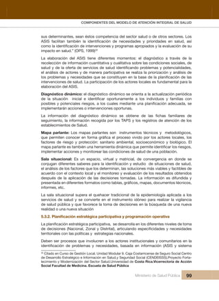 Pr
COMPONENTES DEL MODELO DE ATENCIÓN INTEGRAL DE SALUD
Ministerio de Salud Pública 99
sus determinantes, sean éstos competencia del sector salud o de otros sectores. Los 
impacto en salud.” (OPS, 1999)32
La  elaboración  del  ASIS  tiene  diferentes  momentos:  el  diagnóstico  a  través  de  la 
recolección de información cuantitativa y cualitativa sobre las condiciones sociales, de 
el análisis de actores y de manera participativa se realiza la priorización y análisis de 
intervenciones de salud. La participación de los actores locales es fundamental para la 
elaboración del ASIS. 
Diagnóstico dinámico: el diagnóstico dinámico se orienta a la actualización periódica 
implementarán acciones o intervenciones oportunas.
seguimiento, la información recogida por los TAPS y los registros de atención de los 
establecimientos de Salud.
Mapa parlante: Los mapas parlantes son  instrumentos técnicos y  metodológicos, 
factores  de  riesgo  y  protección:  sanitario  ambiental,  socioeconómico  y  biológico.  El 
implementar acciones y monitorear las condiciones de salud de una población. 
Sala  situacional:  Es  un  espacio,  virtual  y  matricial,  de  convergencia  en  donde  se 
el análisis de los factores que los determinan, las soluciones más viables y factibles de 
acuerdo con el contexto local y el monitoreo y evaluación de los resultados obtenidos 
después  de  la  aplicación  de  las  decisiones  tomadas.  La  información  es  difundida  y 
informes, etc.
La sala situacional supera el quehacer tradicional de la epidemiología aplicada a los 
servicios de salud y se convierte en  el instrumento  idóneo para  realizar  la vigilancia 
de salud pública y que favorece la toma de decisiones en la búsqueda de una nueva 
realidad o una nueva situación
territoriales con las políticas y  estrategias nacionales. 
Deben ser procesos que involucren a los actores institucionales y comunitarios en la 
32
 Citado en Curso de Gestión Local. Unidad Modular 9. Caja Costarricense de Seguro Social Centro 
de Desarrollo Estratégico e Información en Salud,y Seguridad Social (CENDEISSS),Proyecto Forta-
lecimiento y Modernización del Sector Salud.Universidad de Costa Rica.Vicerrectoría de Acción 
Social Facultad de Medicina. Escuela de Salud Pública
 