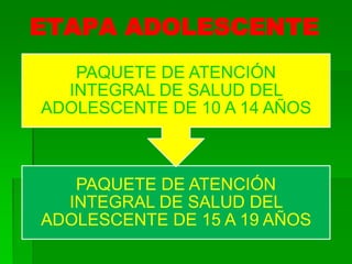 ETAPA ADOLESCENTE
PAQUETE DE ATENCIÓN
INTEGRAL DE SALUD DEL
ADOLESCENTE DE 15 A 19 AÑOS
PAQUETE DE ATENCIÓN
INTEGRAL DE SALUD DEL
ADOLESCENTE DE 10 A 14 AÑOS
 