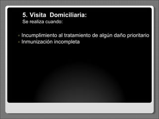 5.   Visita  Domiciliaria: Se realiza cuando: Incumplimiento al tratamiento de algún daño prioritario Inmunización incompleta 
