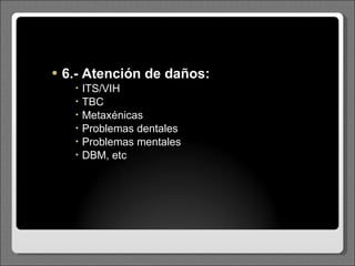 6.- Atención de daños: ITS/VIH TBC Metaxénicas Problemas dentales Problemas mentales DBM, etc 
