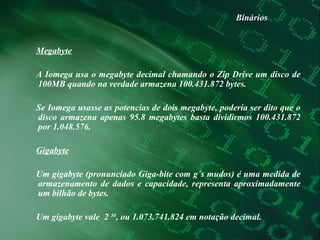 Binários Megabyte A Iomega usa o megabyte decimal chamando o Zip Drive um disco de 100MB quando na verdade armazena 100.431.872 bytes.  Se Iomega usasse as potencias de dois megabyte, poderia ser dito que o disco armazena apenas 95.8 megabytes basta dividirmos 100.431.872 por 1.048.576.  Gigabyte Um gigabyte (pronunciado Giga-bite com g´s mudos) é uma medida de armazenamento de dados e capacidade, representa aproximadamente um bilhão de bytes.  Um gigabyte vale  2  30 , ou 1.073.741.824 em notação decimal.  