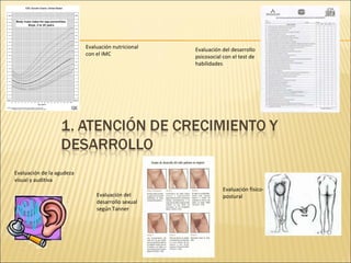 Evaluación del desarrollo psicosocial con el test de habilidades Evaluación nutricional con el IMC Evaluación del desarrollo sexual según Tanner Evaluación físico-postural Evaluación de la agudeza visual y auditiva 