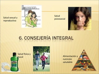 Salud sexual y reproductiva Salud psicosocial Salud física y bucal Alimentación y nutrición saludable 