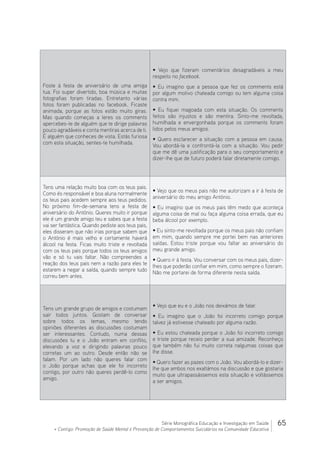 65Série Monográfica Educação e Investigação em Saúde
+ Contigo: Promoção de Saúde Mental e Prevenção de Comportamentos Suicidários na Comunidade Educativa
Foste à festa de aniversário de uma amiga
tua. Foi super divertido, boa música e muitas
fotografias foram tiradas. Entretanto várias
fotos foram publicadas no facebook. Ficaste
animada, porque as fotos estão muito giras.
Mas quando começas a leres os comments
apercebes-te de alguém que te dirige palavras
pouco agradáveis e conta mentiras acerca de ti.
É alguém que conheces de vista. Estás furiosa
com esta situação, sentes-te humilhada.
• Vejo que fizeram comentários desagradáveis a meu
respeito no facebook.
• Eu imagino que a pessoa que fez os comments está
por algum motivo chateada comigo ou tem alguma coisa
contra mim.
• Eu fiquei magoada com esta situação. Os comments
feitos são injustos e são mentira. Sinto-me revoltada,
humilhada e envergonhada porque os comments foram
lidos pelos meus amigos.
• Quero esclarecer a situação com a pessoa em causa.
Vou abordá-la e confrontá-la com a situação. Vou pedir
que me dê uma justificação para o seu comportamento e
dizer-lhe que de futuro poderá falar diretamente comigo.
Tens uma relação muito boa com os teus pais.
Como és responsável e boa aluna normalmente
os teus pais acedem sempre aos teus pedidos.
No próximo fim-de-semana tens a festa de
aniversário do António. Queres muito ir porque
ele é um grande amigo teu e sabes que a festa
vai ser fantástica. Quando pediste aos teus pais,
eles disseram que não irias porque sabem que
o António é mais velho e certamente haverá
álcool na festa. Ficas muito triste e revoltada
com os teus pais porque todos os teus amigos
vão e só tu vais faltar. Não compreendes a
reação dos teus pais nem a razão para eles te
estarem a negar a saída, quando sempre tudo
correu bem antes.
• Vejo que os meus pais não me autorizam a ir à festa de
aniversário do meu amigo António.
• Eu imagino que os meus pais têm medo que aconteça
alguma coisa de mal ou faça alguma coisa errada, que eu
beba álcool por exemplo.
• Eu sinto-me revoltada porque os meus pais não confiam
em mim, quando sempre me portei bem nas anteriores
saídas. Estou triste porque vou faltar ao aniversário do
meu grande amigo.
• Quero ir à festa. Vou conversar com os meus pais, dizer-
lhes que poderão confiar em mim, como sempre o fizeram.
Não me portarei de forma diferente nesta saída.
Tens um grande grupo de amigos e costumam
sair todos juntos. Gostam de conversar
sobre todos os temas, mesmo tendo
opiniões diferentes as discussões costumam
ser interessantes. Contudo, numa dessas
discussões tu e o João entram em conflito,
elevando a voz e dirigindo palavras pouco
corretas um ao outro. Desde então não se
falam. Por um lado não queres falar com
o João porque achas que ele foi incorreto
contigo, por outro não queres perdê-lo como
amigo.
• Vejo que eu e o João nos deixámos de falar.
• Eu imagino que o João foi incorreto comigo porque
talvez já estivesse chateado por alguma razão.
• Eu estou chateada porque o João foi incorreto comigo
e triste porque receio perder a sua amizade. Reconheço
que também não fui muito correta nalgumas coisas que
lhe disse.
• Quero fazer as pazes com o João. Vou abordá-lo e dizer-
lhe que ambos nos exaltámos na discussão e que gostaria
muito que ultrapassássemos esta situação e voltássemos
a ser amigos.
 