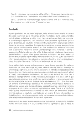 92 Resultados Globais com os Estudantes
Fase 2 - diferenças no coping entre o 7º e o 9º ano; Diferenças no bem-estar entre
o 9º e restantes anos; Diferenças no autoconceito entre o 9º e restantes anos
Fase 3 - diferenças na sintomatologia depressiva entre o 9º e os restantes anos;
Diferenças no bem-estar entre o 9º e restantes anos
Conclusão
A parte quantitativa dos resultados do projeto, tendo em conta o instrumento de colheita
de dados sugere-nos que a intervenção produz resultados a curto prazo para todos
os indicadores avaliados e a médio prazo (seis meses) para o índice de bem-estar
e sintomatologia depressiva, com resultados estatisticamente significativos para o
grupo de controlo. Os resultados menos evidentes, relativamente ao grupo de controlo
tiveram a ver com a capacidade de resolução de problemas e com o autoconceito. A
diminuição de resultados entre a fase 2 e a fase 3 levou-nos a aumentar o contacto
com os estudantes no terceiro período visando reforçar ideias inerentes ao coping e
autoconceito. Todavia, sabemos estar a falar de duas variáveis estado que, elas próprias,
vão variando ao longo da vida e, presumivelmente, ao longo do ano letivo podendo o
período de avaliações e algum cansaço inerente ao terceiro período ajudar a explicar. De
referir que os resultados mais robustos no coping e auto-estima foram conseguidos em
zonas de conflito (Barry et al., 2013), o que, obviamente não era o caso.
Numa análise relativa ao sexo verificamos que os jovens do sexo masculino têm melhores
indicadores de saúde mental que as jovens. Merece particular realce a diferença na
sintomatologiadepressiva,ondeháumarelaçãodecercadodobrodoscasosdeadolescentes
do sexo feminino, relativamente ao sexo masculino, sobretudo após a puberdade (Hyde et
al., 2008), onde os estudos com follow-up têm demonstrado aumento dos riscos para a
depressão e comportamentos suicidas na idade adulta (Maughan et al., 2013), além de que
alguns tipos de problemas terão tendência a aumentar após os 14 anos, nomeadamente
a auto-depreciação e problemas de índole social (Van Beek et al., 2012), fazendo antever
um aumento da sintomatologia depressiva. Por outro lado, muitas vezes a depressão na
adolescência anuncia uma doença crónica ou recaídas frequentes e permite prever uma
larga gama de dificuldades psicossociais e problemas de saúde (Thapar et al., 2012). De
referir que os comportamentos auto-lesivos são mais comuns em adolescentes do sexo
feminino, podendo os resultados encontrados ser um sintoma de maior vulnerabilidade ou
de indícios de dor psicológica que possa resultar em comportamentos da esfera suicidária,
onde a depressão é um dos sinais de risco mais importantes.
Analisando os resultados relativamente ao ano de escolaridade, os indicadores de saúde
mental diminuem desde o 7º ano, havendo diferenças significativas para o índice de
 