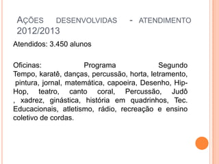 AÇÕES DESENVOLVIDAS - ATENDIMENTO
2012/2013
Atendidos: 3.450 alunos
Oficinas: Programa Segundo
Tempo, karatê, danças, percussão, horta, letramento,
pintura, jornal, matemática, capoeira, Desenho, Hip-
Hop, teatro, canto coral, Percussão, Judô
, xadrez, ginástica, história em quadrinhos, Tec.
Educacionais, atletismo, rádio, recreação e ensino
coletivo de cordas.
 
