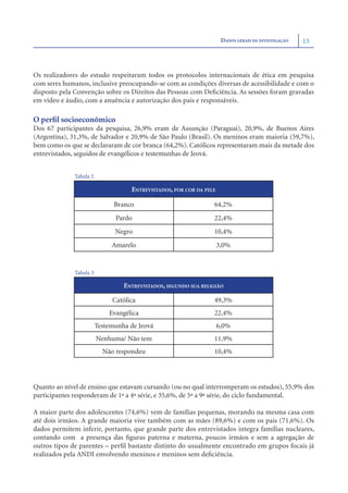 DADOS GERAIS DA INVESTIGAÇÃO   15



Os realizadores do estudo respeitaram todos os protocolos internacionais de ética em pesquisa
com seres humanos, inclusive preocupando-se com as condições diversas de acessibilidade e com o
disposto pela Convenção sobre os Direitos das Pessoas com Deﬁciência. As sessões foram gravadas
em vídeo e áudio, com a anuência e autorização dos pais e responsáveis.

O perﬁl socioeconômico
Dos 67 participantes da pesquisa, 26,9% eram de Assunção (Paraguai), 20,9%, de Buenos Aires
(Argentina), 31,3%, de Salvador e 20,9% de São Paulo (Brasil). Os meninos eram maioria (59,7%),
bem como os que se declararam de cor branca (64,2%). Católicos representaram mais da metade dos
entrevistados, seguidos de evangélicos e testemunhas de Jeová.


              Tabela 2

                                    ENTREVISTADOS, POR COR DA PELE

                               Branco                            64,2%
                               Pardo                             22,4%
                               Negro                             10,4%
                              Amarelo                                3,0%


              Tabela 3

                                  ENTREVISTADOS, SEGUNDO SUA RELIGIÃO

                              Católica                           49,3%
                             Evangélica                          22,4%
                         Testemunha de Jeová                         6,0%
                         Nenhuma/ Não tem                        11,9%
                           Não respondeu                         10,4%




Quanto ao nível de ensino que estavam cursando (ou no qual interromperam os estudos), 55,9% dos
participantes responderam de 1ª a 4ª série, e 35,6%, de 5ª a 9ª série, do ciclo fundamental.

A maior parte dos adolescentes (74,6%) vem de famílias pequenas, morando na mesma casa com
até dois irmãos. A grande maioria vive também com as mães (89,6%) e com os pais (71,6%). Os
dados permitem inferir, portanto, que grande parte dos entrevistados integra famílias nucleares,
contando com a presença das ﬁguras paterna e materna, poucos irmãos e sem a agregação de
outros tipos de parentes – perﬁl bastante distinto do usualmente encontrado em grupos focais já
realizados pela ANDI envolvendo meninos e meninos sem deﬁciência.
 