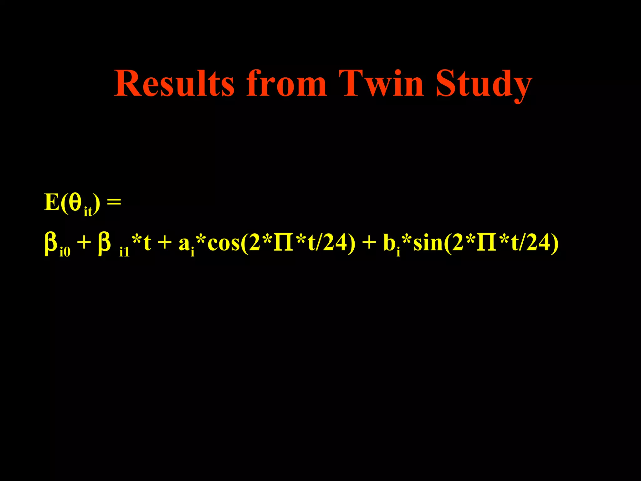 Results from Twin Study

E(θ it) =
β i0 + β i1*t + ai*cos(2*Π*t/24) + bi*sin(2*Π*t/24)
 