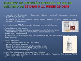 PAQUETE DE ATENCIÓN INTEGRAL DE SALUD
DEL NIÑO DE 29 DÍAS A 11 MESES 29 DÍAS


1.    Atención de Crecimiento    y   Desarrollo,   vigilancia   nutricional,   estimulación   temprana
     (1°,2°,4°,6°,7° y 9° mes)
2. Administración de micronutrientes: sulfato ferroso, vitamina A según criterios de riesgo,
   protocolos y programación.

3. Inmunizaciones: APO, Pentavalente, rota virus, neumococo, influenza

4. Tema Educativo a los padres
* Cuidados esenciales del lactante , inmunizaciones, estimulación temprana
* Lactancia Materna Exclusiva y continua hasta los dos años de edad
* Alimentación Complementaria
• Prevención de Enf. Prevalentes, detección de signos de alarma y búsqueda de atención oportuna.
* Salud bucal, etc.

5. Visita Domiciliaria
 Visita domiciliaria según el AIEPI comunitario
• Vacunas (no acudió a su cita)
• Control de crecimiento y desarrollo (no acudió a su cita)
• Control del daño (neumonías, EDAS c/DH, desnutrición)
• Otros de acuerdo de cada Región
6. Atención a prioridades sanitarias y daños prevalentes:
• Daños considerados en la Atención Integral de Enfermedades Prevalentes de la Infancia (AIEPI)
  y otras según área o región
 