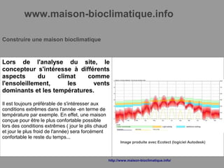 www.maison-bioclimatique.info
Construire une maison bioclimatique
Lors de l'analyse du site, le
concepteur s'intéresse à différents
aspects du climat comme
l'ensoleillement, les vents
dominants et les températures.
Il est toujours préférable de s'intéresser aux
conditions extrêmes dans l'année -en terme de
température par exemple. En effet, une maison
conçue pour être le plus confortable possible
lors des conditions extrêmes ( jour le plis chaud
et jour le plus froid de l'année) sera forcément
confortable le reste du temps...
Image produite avec Ecotect (logiciel Autodesk)
http://www.maison-bioclimatique.info/
 