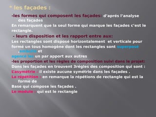 * les façades :
-les formes qui composent les façades: d’aprés l’analyse
des façades
En remarquent que la seul forme qui marque les façades c’est le
rectangle.
- leurs disposition et les rapport entre aux:
Les rectangles sont disposé horizontalement et verticale pour
formé un tous homogène dont les rectangles sont superposé
,emboité et
agencé les un par apport aux autres
-les proportion et les règles de composition suivi dans le projet:
Dans les façades en trouvent 3régles des composition qui sont :
L
’asymétrie : il existe aucune symétrie dans les façades .
La répétition : en remarque la répétions de rectangle qui est la
forme de
Base qui compose les façades .
Le module : qui est le rectangle
 