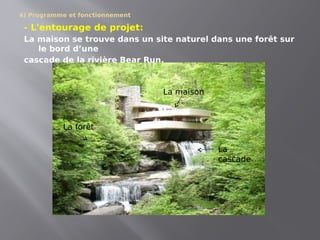 4) Programme et fonctionnement
- L'entourage de projet:
La maison se trouve dans un site naturel dans une forêt sur
le bord d’une
cascade de la rivière Bear Run.
La
cascade
La forêt
La maison
 