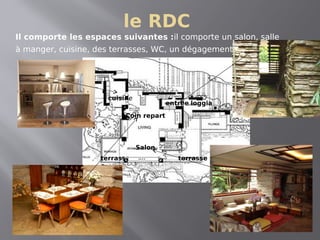 le RDC
Il comporte les espaces suivantes :il comporte un salon, salle
à manger, cuisine, des terrasses, WC, un dégagement.
Salon
Coin repart
cuisine
terrass
e
terrasse
loggia
entrée
 