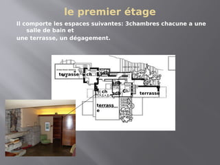 le premier étage
Il comporte les espaces suivantes: 3chambres chacune a une
salle de bain et
une terrasse, un dégagement.
terrasse
terrass
e
terrasse
ch
ch
ch
sdb
sdb
sdb
 