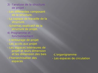 3) l’analyse de la structure
de projet :
- Les différentes composant
de la structure.
- La logique de travaille de la
structure.
- Schémas explicatif de la
structure de projet.
4) Programme et
fonctionnement
- L'entourage de projet
- Les accès aux projet
- Les espaces intérieures de
projet et leurs dimension
et les dimension des bais
- l’hierarchisation des
espaces
-L’organigramme
- Les espaces de circulation
 