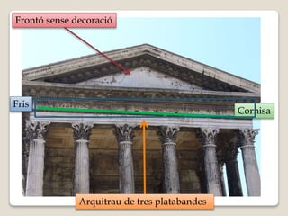 Frontó sense decoració 
Cornisa 
Fris 
Arquitrau de tres platabandes 
 