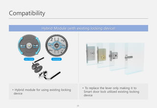 Hybrid Module (with existing locking device)
• Hybrid module for using existing locking
device
• To replace the lever only making it to
Smart door lock utilized existing locking
device
OUTER INNER
Compatibility
23
 