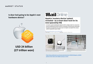 Is door lock going to be Apple’s next
hardware device?
USD 24 billion
(27 trillion won)
http://www.dailymail.co.uk/sciencetech/article-4336254/Apple-s-A1844-
patent-smart-door-lock-Apple-Campus-2.html
3
 
