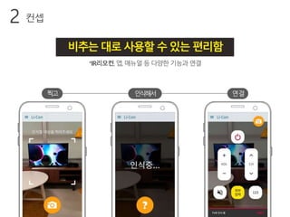 비추는대로사용할수있는편리함
컨셉2
*IR리모컨, 앱, 매뉴얼 등 다양한 기능과 연결
찍고 인식해서 연결
 