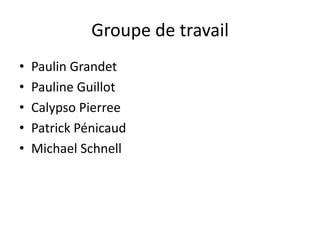 Groupe de travail
•   Paulin Grandet
•   Pauline Guillot
•   Calypso Pierree
•   Patrick Pénicaud
•   Michael Schnell
 