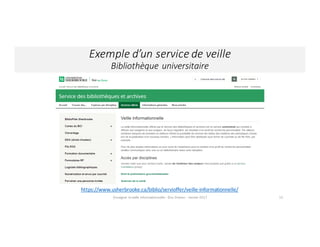 15
https://www.usherbrooke.ca/biblio/servioffer/veille-informationnelle/
Exemple	d’un	service	de	veille	
Bibliothèque	universitaire
Enseigner	la	veille	informationnelle	- Elsa	Drevon	- Janvier	2017
 