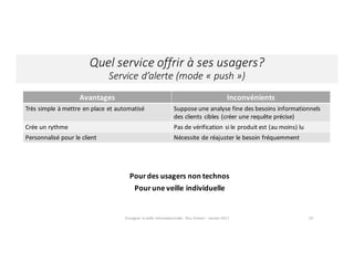Quel	service	offrir	à	ses	usagers?
Service	d’alerte	(mode	« push »)
Enseigner	la	veille	informationnelle	- Elsa	Drevon	- Janvier	2017 20
Pour	des	usagers	non	technos
Pour	une	veille	individuelle
Avantages Inconvénients
Très	simple	à	mettre	en place	et	automatisé Suppose	une	analyse	fine	des	besoins	informationnels	
des	clients	cibles	(créer	une	requête précise)
Crée	un	rythme Pas	de	vérification	si	le	produit	est	(au	moins)	lu
Personnalisé	pour	le	client Nécessite	de	réajuster le	besoin	fréquemment
 
