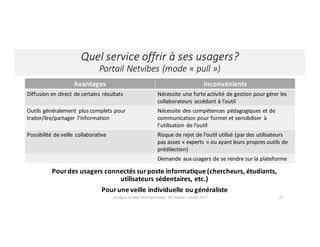 Quel	service	offrir	à	ses	usagers?
Portail	Netvibes	(mode	« pull »)
Enseigner	la	veille	informationnelle	- Elsa	Drevon	- Janvier	2017 22
Pour	des	usagers	connectés	sur	poste	informatique	(chercheurs,	étudiants,	
utilisateurs	sédentaires,	etc.)
Pour	une	veille	individuelle	ou	généraliste
Avantages Inconvénients
Diffusion	en	direct	de	certains	résultats	 Nécessite	une	forte	activité	de	gestion	pour	gérer	les	
collaborateurs	accédant	à	l’outil
Outils	généralement	 plus	complets	pour	
traiter/lire/partager	 l’information
Nécessite	des	compétences	pédagogiques	et	de	
communication	pour	former	et	sensibiliser	 à	
l’utilisation	de	l’outil
Possibilité de	veille	 collaborative Risque	de	rejet	de	l’outil	utilisé	(par	des	utilisateurs	
pas	assez	« experts »	ou	ayant	leurs	propres	outils	de	
prédilection)
Demande	aux	usagers	de	se	rendre sur	la	plateforme
 