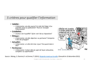 • Validité :	
• L’information	 est-elle	exacte?	A-t-elle	fait	l’objet	d’un	
contrôle	avant	sa	publication?	 Peut-on	recouper	
l’information?
• Crédibilité	:	
• L’auteur	est-il	qualifié?	 Qu’en	 est-il	de	sa	réputation?
• Éthique	:	
• L’information	 est-elle	objective	 ou	partisane?	Comporte-
t-elle	des	préjugés?
• Actualité	:	
• L’information	 a-t-elle	été	mise	à	jour?	De	quand	date-t-
elle?
• Pertinence :	
• L’information	 traite-t-elle	du	sujet	de	façon	exhaustive,	
complète	ou	superficielle?
Source	:	Alloing,	C.	Chantrel,	F.	et	Zimmer,	T.	(2011).	Regards	croisés	sur	la	veille. (Consulté	le	19	décembre	2015)
Enseigner	la	veille	informationnelle	- Elsa	Drevon	- Janvier	2017 28
5	critères	pour	qualifier	l’information
 