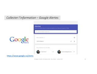 Enseigner	la	veille	informationnelle	- Elsa	Drevon	- Janvier	2017 34
https://www.google.ca/alerts
Collecter	l’information	– Google	Alertes
 