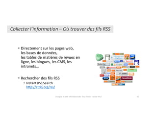 Enseigner	la	veille	informationnelle	- Elsa	Drevon	- Janvier	2017 42
• Directement	sur	les	pages	web,	
les	bases	de	données,	
les	tables	de	matières	de	revues	en	
ligne,	les	blogues,	les	CMS,	les	
intranets…
• Rechercher	des	fils	RSS
• Instant	RSS	Search
http://ctrlq.org/rss/
Collecter	l’information	– Où	trouver	des	fils	RSS
 
