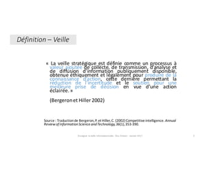 « La veille stratégique est définie comme un processus à
valeur ajoutée de collecte, de transmission, d’analyse et
de diffusion d’information publiquement disponible,
obtenue éthiquement et légalement pour produire de la
connaissance d’action, cette dernière permettant la
réduction de l’incertitude et le soutien pour une
meilleure prise de décision en vue d’une action
éclairée.»
(Bergeronet Hiller 2002)
Source	:	Traduction	de	Bergeron,	P.	et	Hiller,	C.	(2002)	Competitiveintelligence.	Annual
Reviewof	Information	Science	and	Technology,	36(1),	353-390.
Enseigner	la	veille	informationnelle	- Elsa	Drevon	- Janvier	2017 5
Définition	– Veille
 