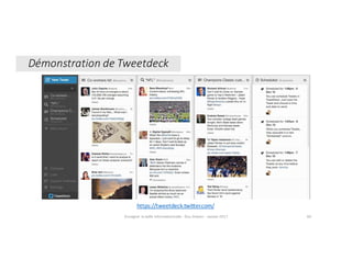 Démonstration	de	Tweetdeck
https://tweetdeck.twitter.com/
Enseigner	la	veille	informationnelle	- Elsa	Drevon	- Janvier	2017 60
 