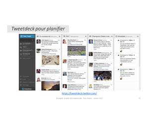 Tweetdeck pour	planifier
https://tweetdeck.twitter.com/
Enseigner	la	veille	informationnelle	- Elsa	Drevon	- Janvier	2017 75
 