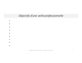 Objectifs	d’une	veille	professionnelle
Enseigner	la	veille	informationnelle	- Elsa	Drevon	- Janvier	2017 9
•
•
•
•
•
•
•
•
•
 
